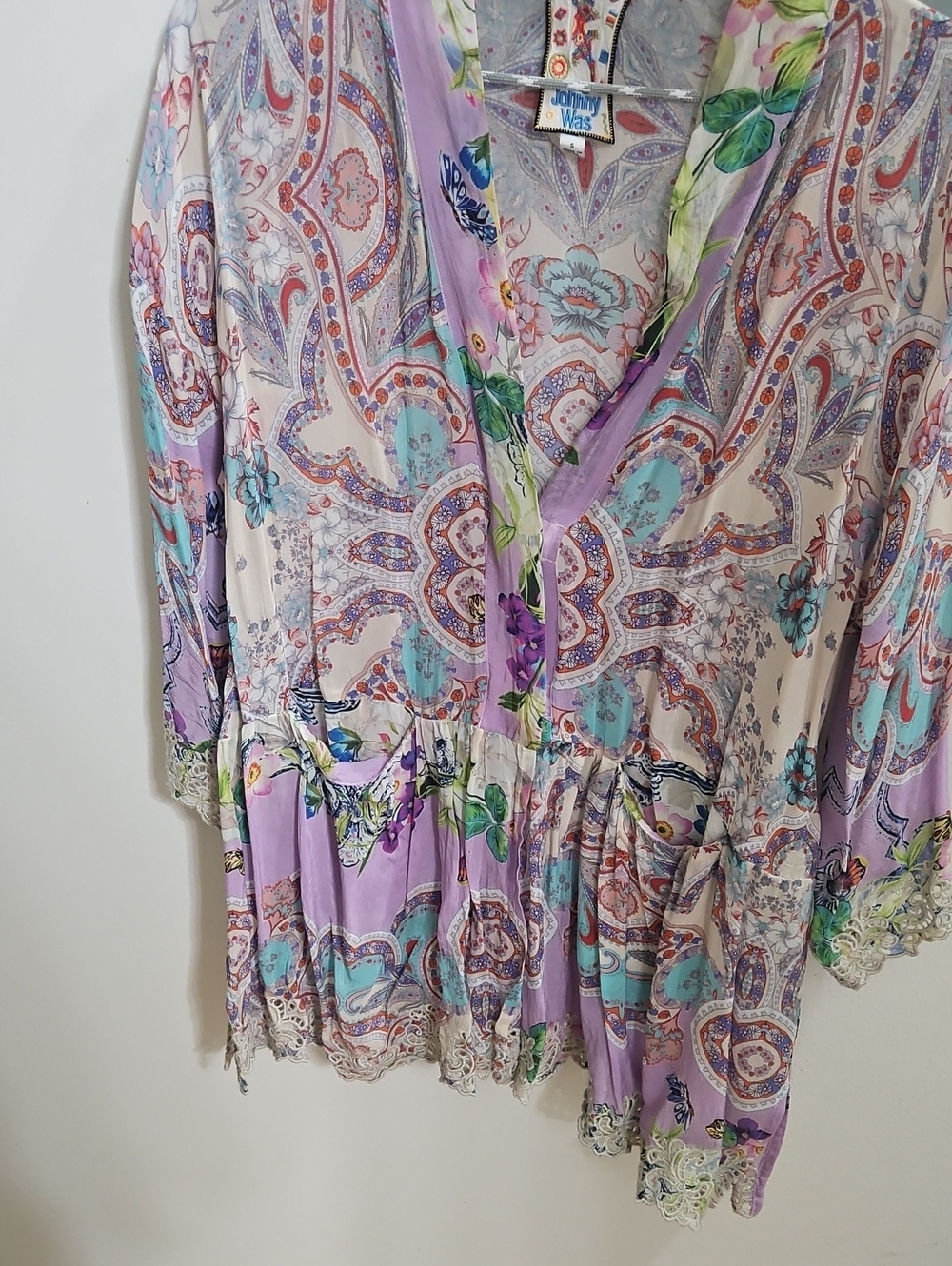 Johnny Was Lavender Floral Paisley V-Neck Tunic with Teal Accents